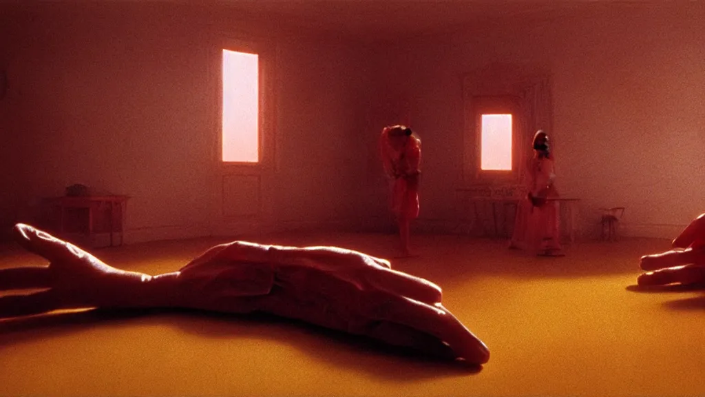 Prompt: the giant hand made of wax waits in the living room, film still from the movie directed by Wes Anderson with art direction by Zdzisław Beksiński, golden hour wide lens