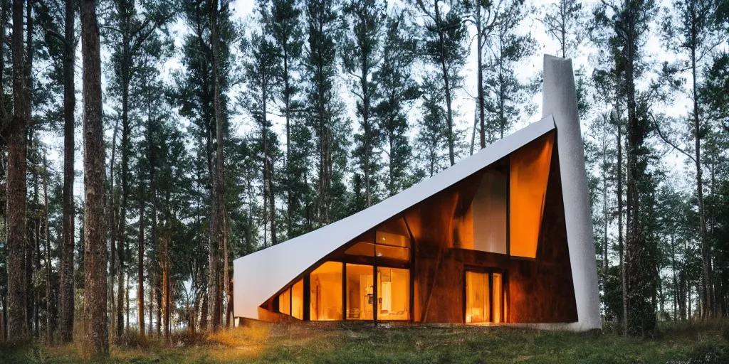 Prompt: minimal modernist a - frame house in the woods, beautiful lighting, volumetric, cinematic lighting, corona, detailed, symmetrical, minimal, clean