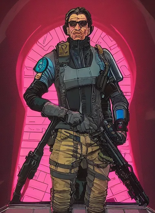 Prompt: cyberpunk mall cop. portrait by ashley wood and alphonse mucha and laurie greasley and josan gonzalez and james gurney. spliner cell, apex legends, rb 6 s, hl 2, d & d, cyberpunk 2 0 7 7. realistic face. vivid color. dystopian setting.