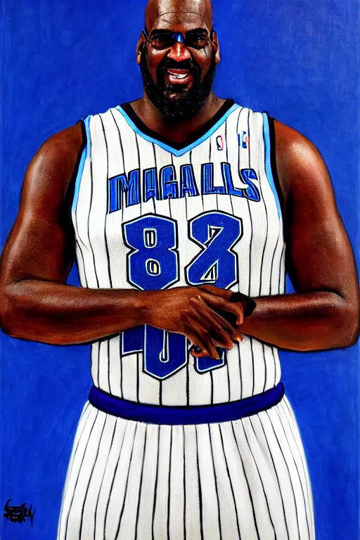 Image similar to full body portrait of shaquille o'neil as the dictator of the orlando magic, 1 8 8 9, in full military garb, magic blue, silver, and black, oil on canvas by william sidney mount, trending on artstation