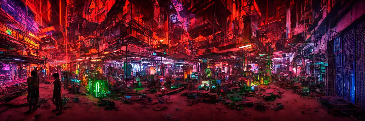Prompt: Cyberpunk Factory, futuristic Phnom-Penh Cambodia, neon dark lighting