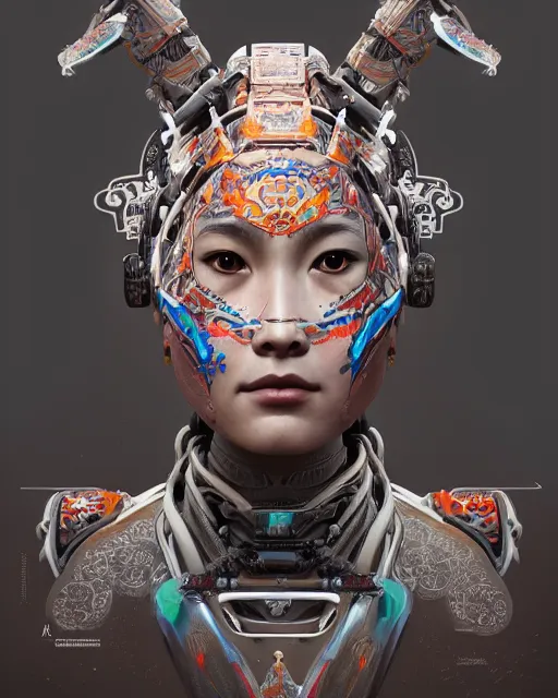 Prompt: portrait of a machine from horizon zero dawn, machine face, upper body, decorated with opera motifs, traditional chinese art, intricate, elegant, highly detailed, digital painting, artstation, concept art, smooth, sharp focus, illustration, art by artgerm and greg rutkowski and alphonse mucha, 8 k