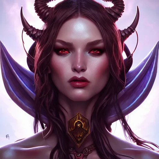 Image similar to demon, female, d & d, fantasy, intricate, elegant, highly detailed, digital painting, artstation, octane render, concept art, matte, sharp focus, illustration, hearthstone, art by artgerm and steve argyle and alphonse mucha