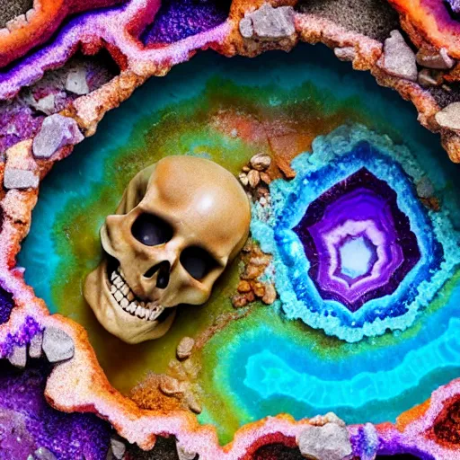 Image similar to ( a skeleton in a colorful geode ), ( ultra realistic, ultra 4 k, provided by unreal engine, artstation, archeological discover, realisms, photography )