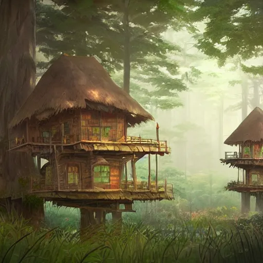 Image similar to concept art painting of treehouses made out of trees, trees with doors and windows in a deep forest, realistic, detailed, cel shaded, in the style of makoto shinkai and greg rutkowski and james gurney