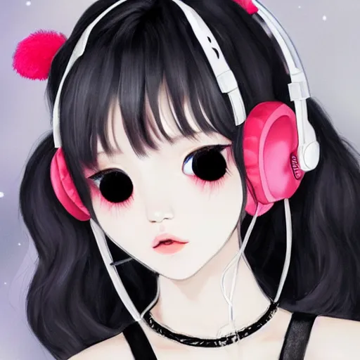 Image similar to realistic beautiful gorgeous natural cute Blackpink Lalisa Manoban black hair cute fur black cat ears, wearing white camisole summer outfit, headphones, black leather choker artwork drawn full HD 4K highest quality in artstyle by professional artists WLOP, Aztodio, Taejune Kim, Guweiz on Pixiv Artstation