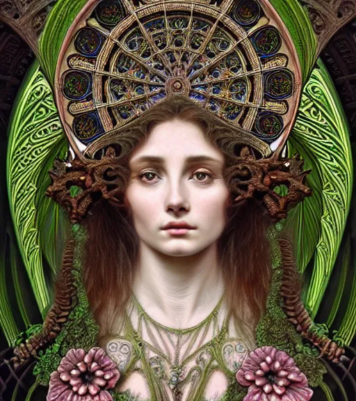 Image similar to hyperrealistic detailed face portrait of a beautiful young goddess morphing into a gothic cathedral, authentic ornamental architecture, intricate and highly detailed, awe inspiring art by ernst haeckel, h. r. giger, alphonso mucha, android jones, james jean, gothic, neo - gothic, heavily ornamental, nice deep colours,