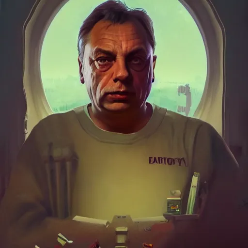 Image similar to viktor orban in a painting from stalenhag, 4 k, 8 k, hdr, artstation, concept art