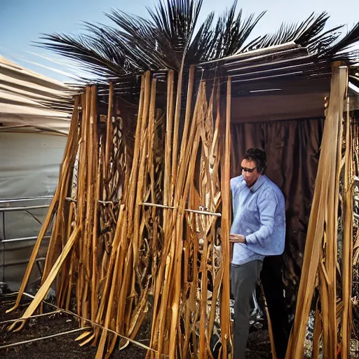 Image similar to iron man constructing a sukkah, booth, shelter