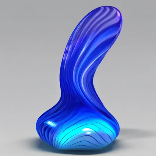 Prompt: translucent blown glass wave sculpture blue and purple on stand realistic 3d render