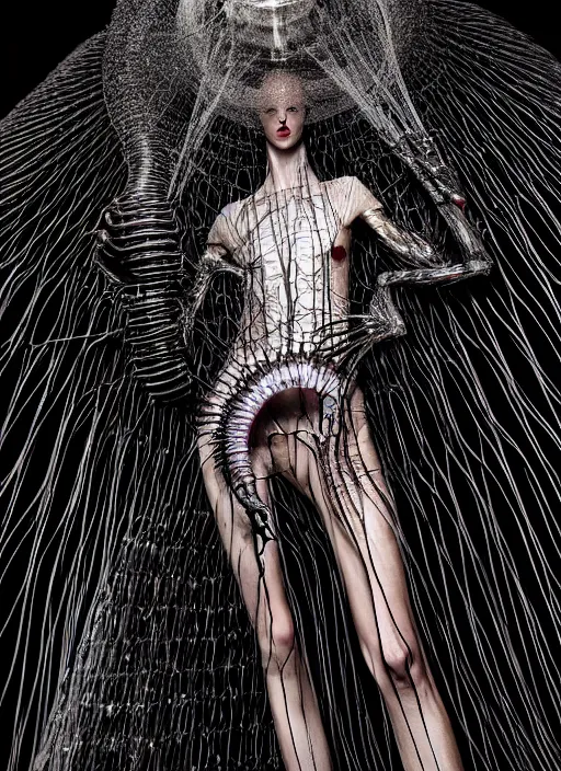 Prompt: walking down the catwalk, steven klein, mert alas and marcus piggott, show, stage, vogue photo, podium, fashion show photo, iris van herpen, beautiful woman, full body shot, masterpiece, inflateble shapes, plant predator, guyver, jellyfish, wires, veins, biomechanical details, colourfull