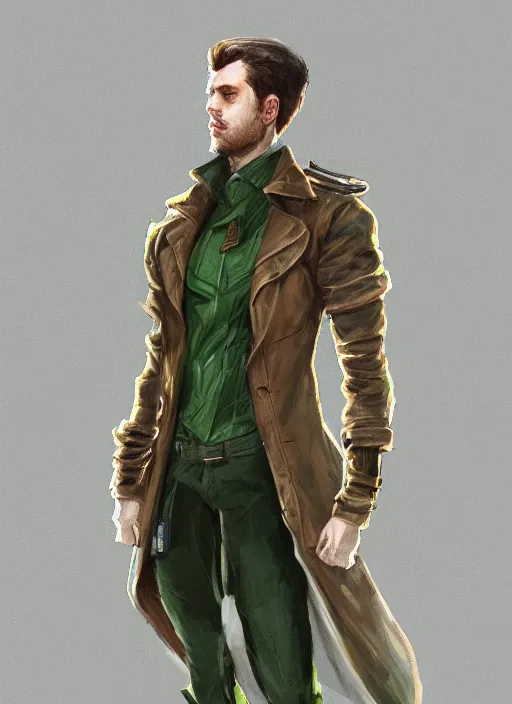 Image similar to a highly detailed illustration of thick wavy brown haired young white guy wearing brown detective trench coat and wearing dark green mask, with many long mechanical arms on his back, dramatic standing pose, intricate, elegant, highly detailed, centered, digital painting, artstation, concept art, smooth, sharp focus, league of legends concept art, WLOP