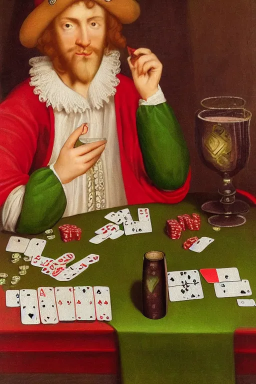 Prompt: intricate beautiful medium - shot, the card player man, blonde reddish hair, in green and pink clothes of 1 7 th century, holds playing cards, wine glass, plays poker, in card's player by sezanne, by rutkowsky, matte painting, renaissance painting