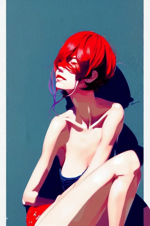 Image similar to a ultradetailed beautiful painting of a stylish woman sitting on the floor of a tiled room, by conrad roset, greg rutkowski and ilya kuvshinov trending on artstation