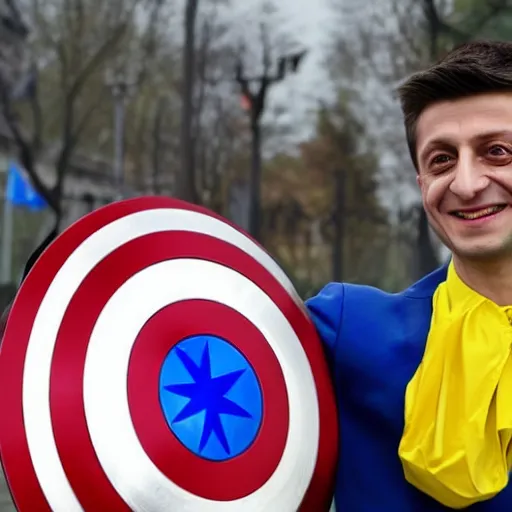 Image similar to Volodimir Zelensky as captain america holding an ukrainian flag on an urban battle field