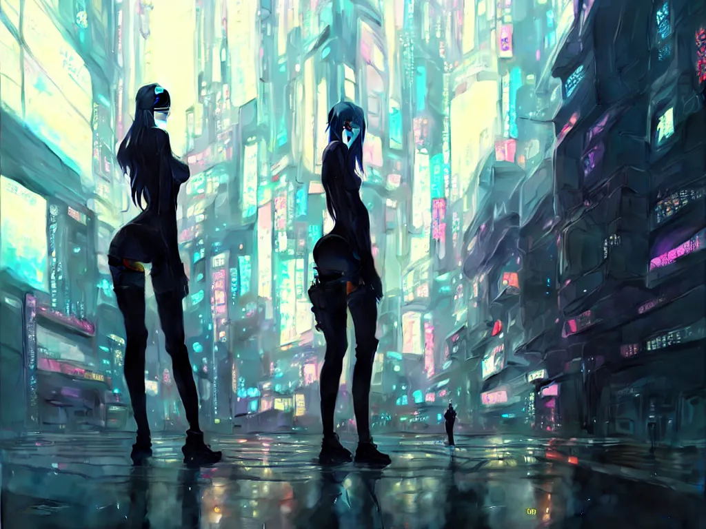 Image similar to Beautiful full body portrait of beautiful cyberpunk woman by Greg Rutkowski and Krenz Cushart and Pan_Ren_Wei and Hongkun_st and Bo Chen and Enze Fu and WLOP and Alex Chow, Madhouse Inc., anime style, crepuscular rays, set in rainy futuristic cyberpunk Tokyo street, dapped light, dark fantasy, feminine figure, smooth skin, gorgeous, pretty face, beautiful fashion model body, high detail, hyper realistic, cgsociety, trending on artstation