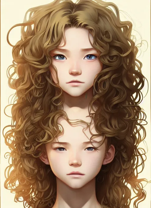 Image similar to teenager with medium - length, curly, golden hair, aquamarine eyes, natural lighting, path traced, highly detailed, high quality, cartoon, digital painting, by new haicheng and ross tran and studio ghibli and alphonse mucha