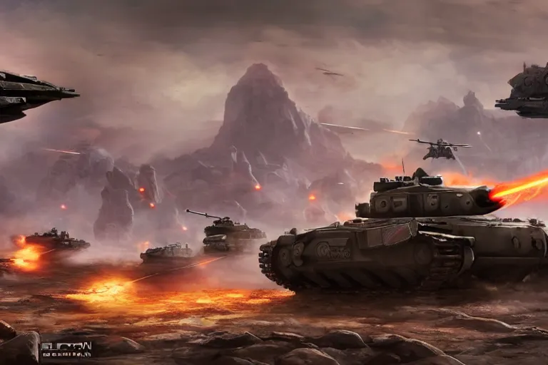 Image similar to tank battle, soldiers, lasers, science - fiction, beautiful matte painting,, unreal engine, artstation.