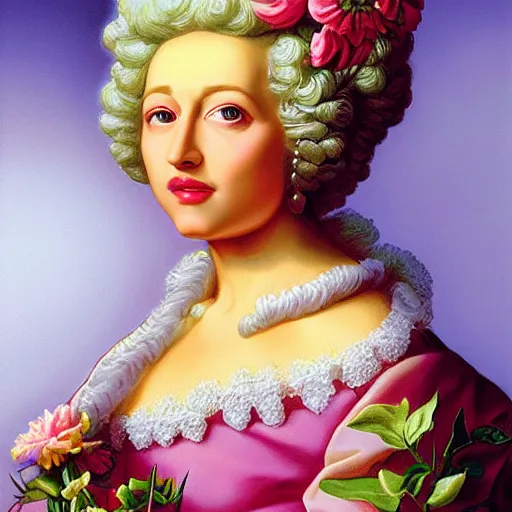 Prompt: baroque rococo pastel flowers queen Greg Hildebrandt portrait