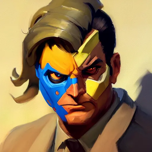 Image similar to Greg Manchess portrait painting of two face as Overwatch character, medium shot, asymmetrical, profile picture, Organic Painting, sunny day, Matte Painting, bold shapes, hard edges, street art, trending on artstation, by Huang Guangjian and Gil Elvgren and Sachin Teng