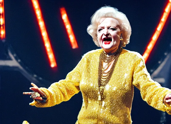 Image similar to publicity photo still of betty white as a gangsta rapper covered in gold chains, with grills in teeth and wearing a jumpsuit live on stage, 8 k, live concert lighting, mid shot