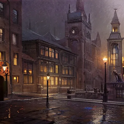 Prompt: boston university in 1 9 2 0's, ultra realistic, colour, concept art, intricate details, night, thunder, raining, eerie, arkham horror, call of cthulhu, elder sign, highly detailed, dark fantasy, photorealistic, octane render, 8 k, unreal engine 5. art by artgerm and greg rutkowski and alphonse mucha