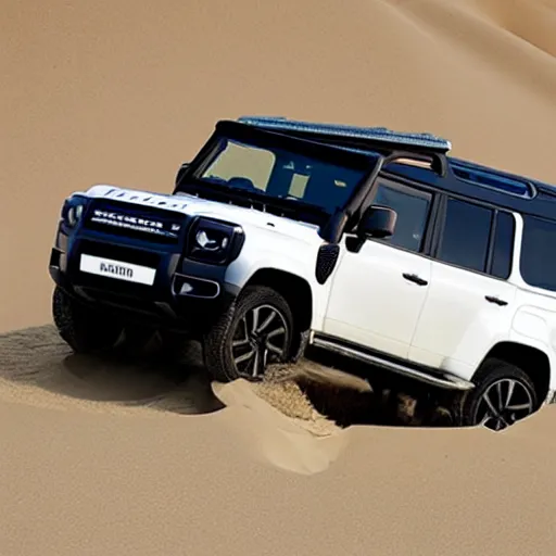 Prompt: white land cruiser crashed into back of black new defender on a sand dune