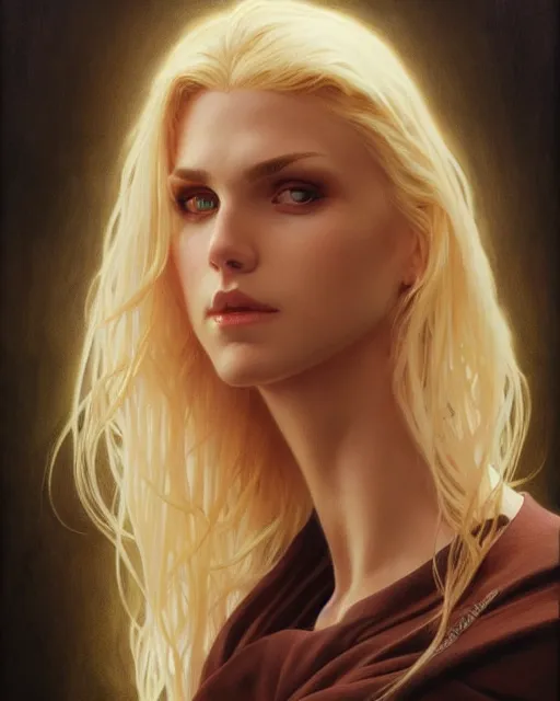 Image similar to portrait of a blonde vampire, dark, piercing eyes, gentle expression, elegant clothing, photorealistic, highly detailed, artstation, smooth, sharp focus, art by michael whelan, artgerm, greg rutkowski and alphonse mucha