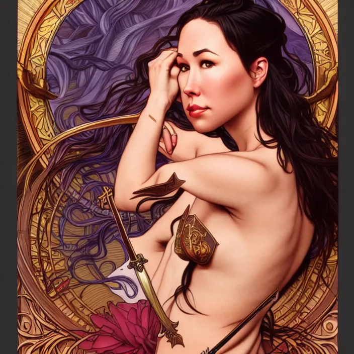 Prompt: jodi arias, goddess of vengeance, tarot card, highly detailed, digital painting, smooth, sharp focus, illustration, ultra realistic, 8 k, art by artgerm and alphonse mucha