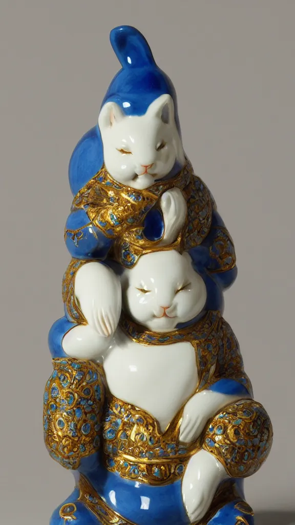 Image similar to porcelain rabbit head budda statue with blue arabesque details with a japanese kiseru in hand painted by john singer sargent