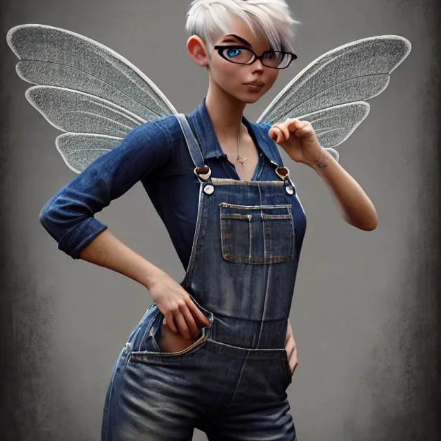 Image similar to full body pose, beautiful adult fairy, pixar, short white hair shaved sides, dirty, grungy, grunge, long sleeve, painted overalls, stacks of giant books, highly detailed, 4 k, hdr, smooth, sharp focus, high resolution, award - winning photo, artgerm, photorealistic