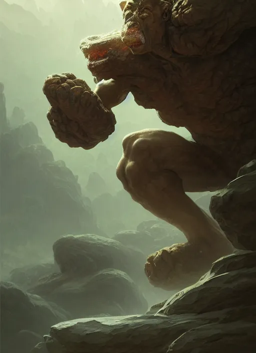 Image similar to an earth elemental throwing a rock, intricate, brutal, highly detailed, digital painting, artstation, concept art, smooth, sharp focus, illustration, art by artgerm and greg rutkowski and alphonse mucha, 8 k