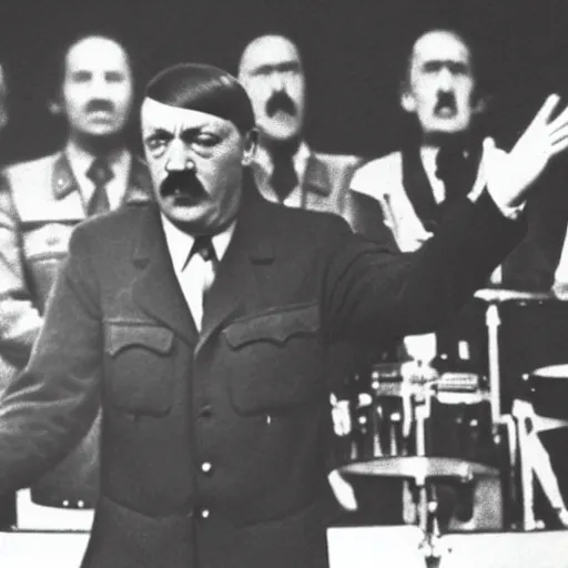 Image similar to A still of Hitler performing in a 1970s funk band, colour photography