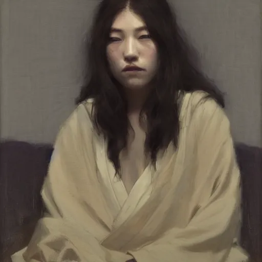 Prompt: girl with flowing dark hsir, in kimono, frontview, sitting on edge of bed, big chest by jeremy lipking, tim rees, joseph todorovitch