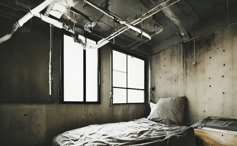 Prompt: akihabara bedroom interior, concrete, punk, bed, neon japanese lights, modernism, white, beige, black, minimalism, industrial, pipes, rust, little windows, plants, retro futurism, cyberpunk