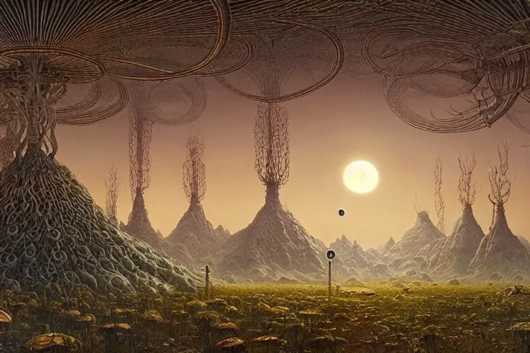 Image similar to a surreal and awe - inspiring science fiction landscape made of food, egg full moon, intricate, elegant, highly detailed matte painting by ernst haeckel and simon stalenhag