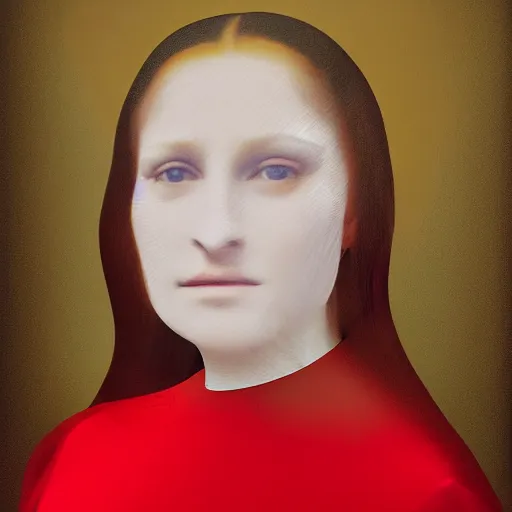 Image similar to Stunning modern studio photograph of the real female model named Mona Lisa standing in a white room wearing a red dress, XF IQ4, f/1.4, ISO 200, 1/160s, 8K, RAW, unedited, symmetrical balance, in-frame, sharpened
