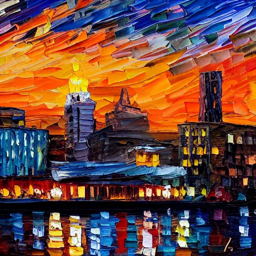 Image similar to palette knife oil painting of downtown portland at dusk