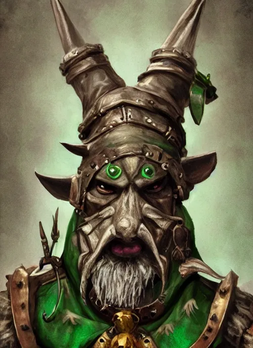 Image similar to a skaven from warhammer with a gray beard, wearing jewelry, tricorne hat, green robe, mean, dark tones, warlock, d & d, digital art, detailed face, highly detailed, trending on artstation, realistic