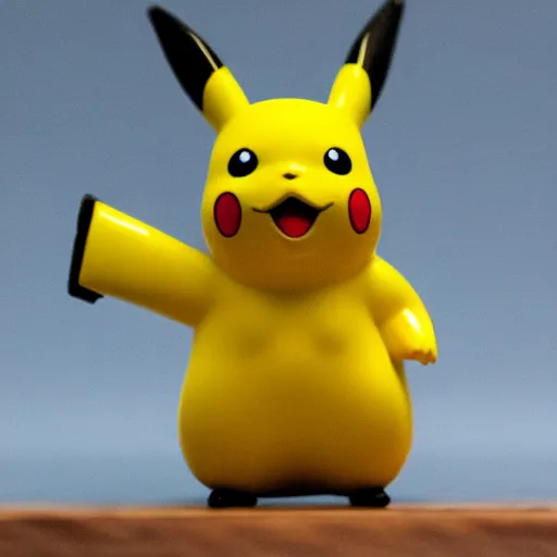 Prompt: plastic figure of pikachu holding a gun and standing on a wooden desk, 33mm, high res photo