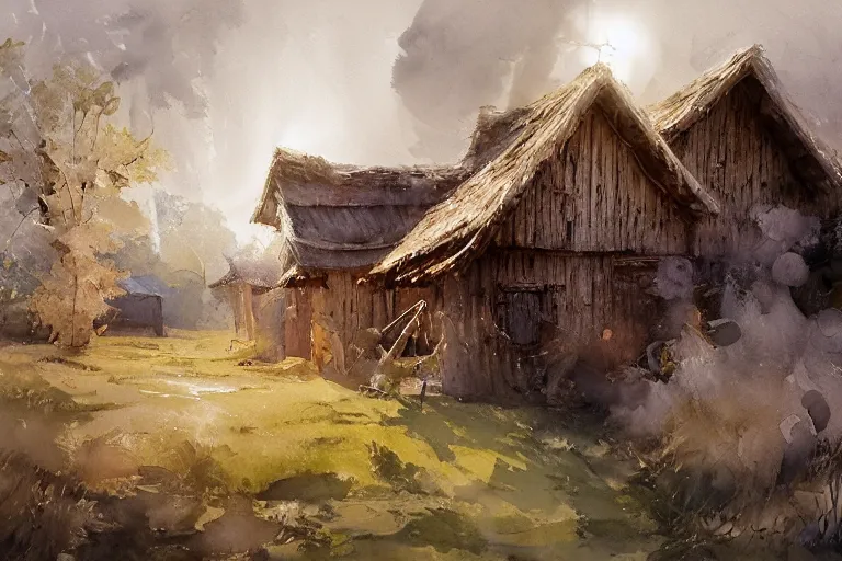 Image similar to paint brush strokes, abstract watercolor painting of rustic village house, interior closeup, medieval straw roof, scandinavian viking age, ambient lantern lighting, art by hans dahl, by jesper ejsing, art by anders zorn, wonderful masterpiece by greg rutkowski, cinematic light, american romanticism by greg manchess, creation by tyler edlin