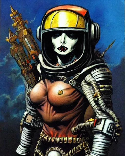 Image similar to portrait of a goth astronaut wearing armor by simon bisley, john blance, frank frazetta, fantasy, barbarian