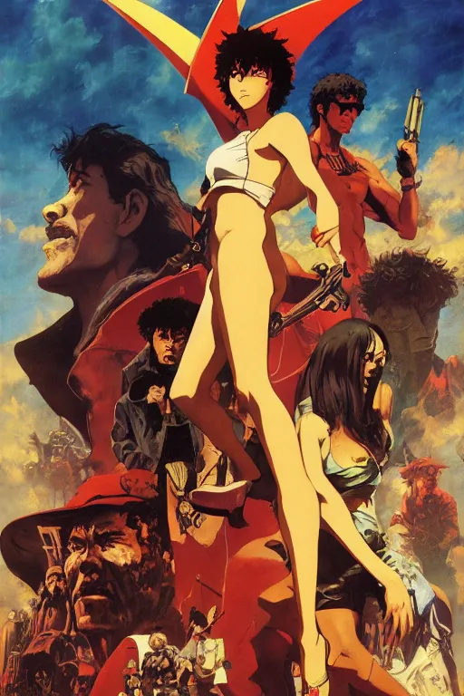 Prompt: Movie poster of Cowboy Bebop, Highly Detailed, Dramatic, eye-catching, A masterpiece of storytelling, by frank frazetta, ilya repin, 8k, hd, high resolution print