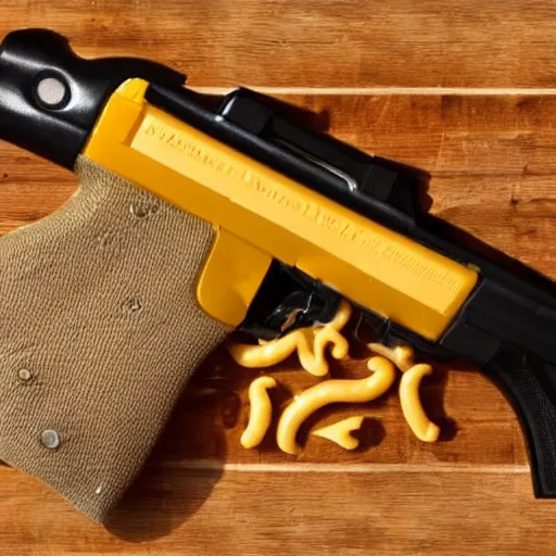 Image similar to a gun made of mac and cheese