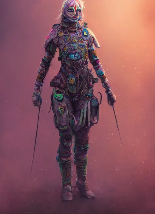 Prompt: detailed full body concept colorful pastel painting of a female road warrior in intricate clothing, cinematic lighting, hyperdetailed, 8k, high resolution, insanely detailed and intricate, octane render