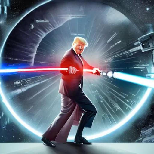 Image similar to donald trump wielding a lightsaber having a lightsaber battle with joe biden in the death star, dynamic lighting, highly detailed