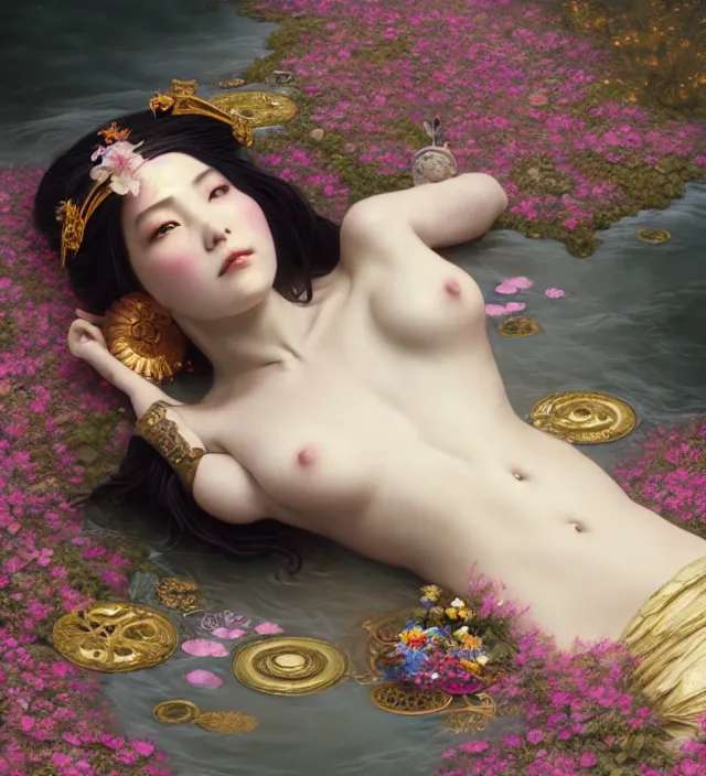 Image similar to baroque portrait of one steampunk bohemian geisha woman of porceline skin lying down in a river made of thousand of flowers, cinematic lighting, photorealistic, octane render, 8 k, depth of field, art by artgerm and greg rutkowski and alphonse mucha and uang guangjian