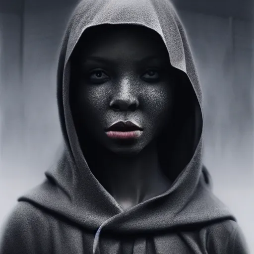 Image similar to a portrait of a young black woman wearing a long dark cloak, hood and shadows covering face, anatomically correct, beautiful perfect face, enigmatic, oil painting, matte painting, black background, Volumetric dynamic lighting, Highly Detailed, Cinematic Lighting, Unreal Engine, 8k, HD, by Beksinski