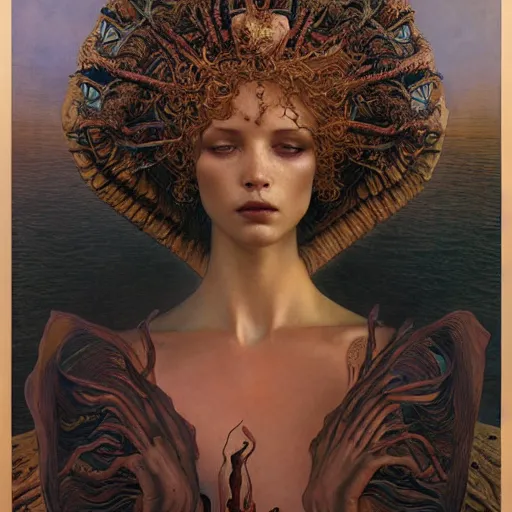 Image similar to queen of neptune by zdzisław beksinski, alexander mcqueen, craig mullins and alphonse mucha. highly detailed, hyper - real, beautiful