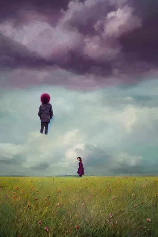 Image similar to portrait, enormous thistle flower under head, a girl in a coat in field, surreal photography, wind, cloudy sky, dramatic light, impressionist painting, digital painting, artstation, simon stalenhag